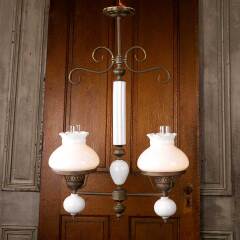 #11363 - Antique&nbsp;Brass&nbsp;&&nbsp;Milk&nbsp;Glass&nbsp;Oil&nbsp;Lamp&nbsp;Light&nbsp;image