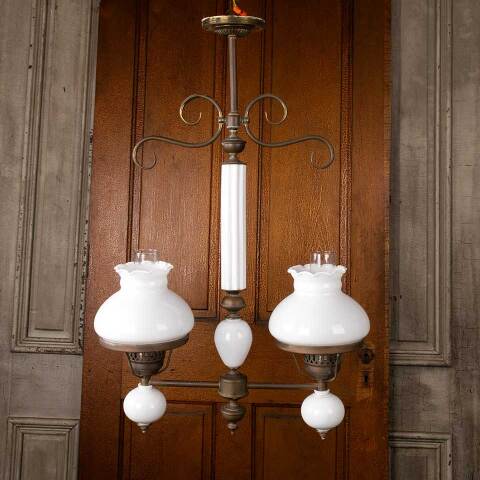 #11363 Antique Brass & Milk Glass Oil Lamp Light image 2