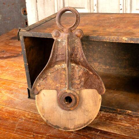 #45748 Antique Cast Iron & Wood Barn Pulley image 2