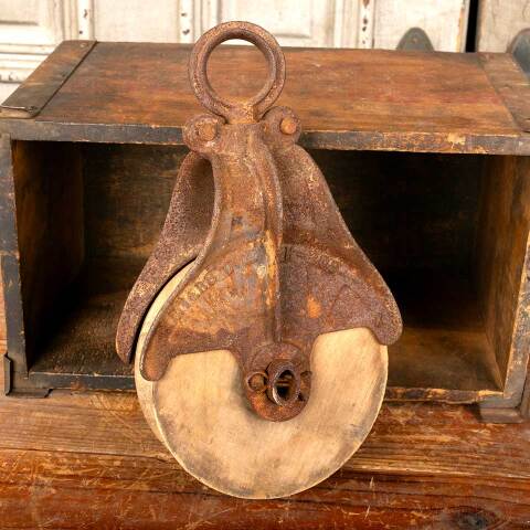 #45748 Antique Cast Iron & Wood Barn Pulley image 4