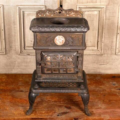 #45973 Antique Cast Iron Parlor Stove w/ Tile Cameo image 2