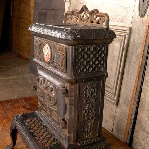 #45973 Antique Cast Iron Parlor Stove w/ Tile Cameo image 4