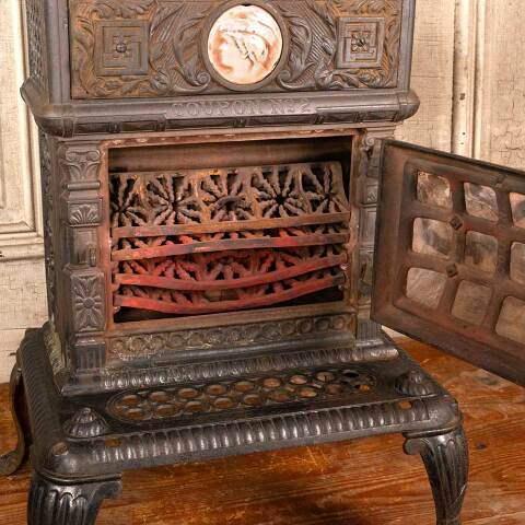 #45973 Antique Cast Iron Parlor Stove w/ Tile Cameo image 7