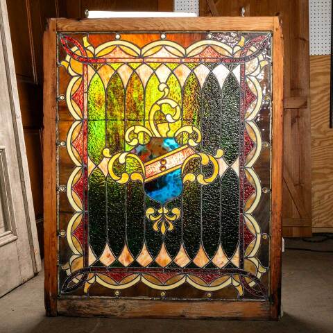 #47154 Antique Wood Framed Stained Glass Window image 5