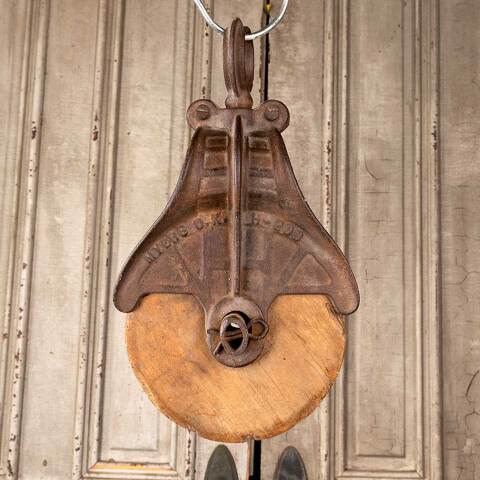 #49884 Antique Myers Wood & Cast Iron Barn Pulley image 5