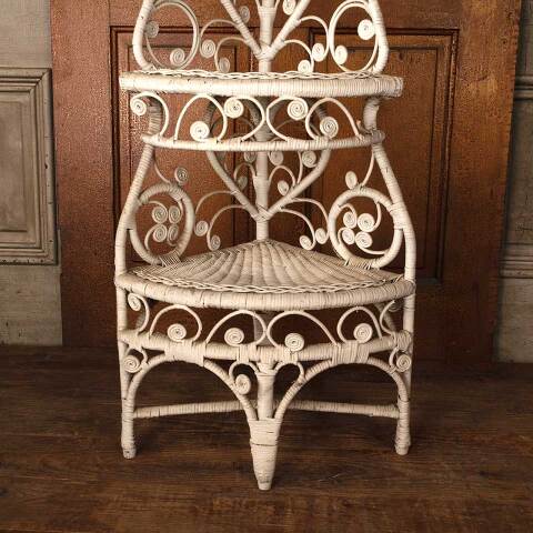 #53353 Vintage White Wicker Corner Etagere Shelf image 4