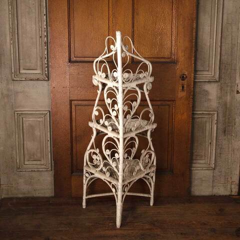 #53353 Vintage White Wicker Corner Etagere Shelf image 6