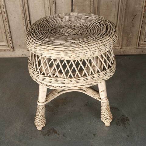 #53355 Vintage White Woven Wicker Rattan Stool image 4