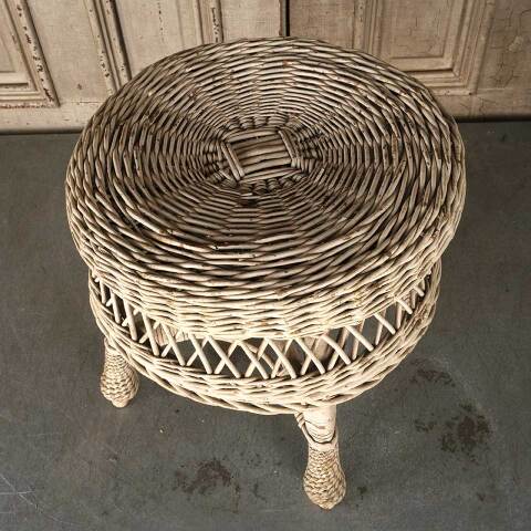 #53355 Vintage White Woven Wicker Rattan Stool image 8