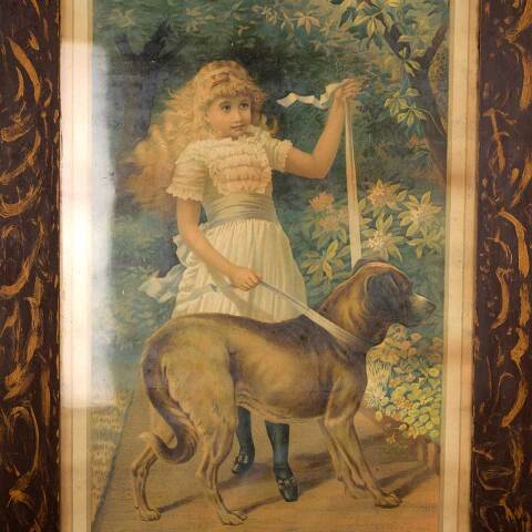 #53404 Antique Framed Lithograph of Girl & Dog image 4