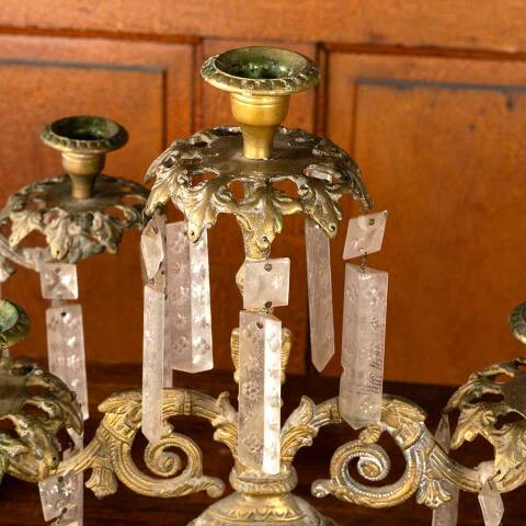 #53795 Antique Brass Candelabras with Glass Prisms image 6