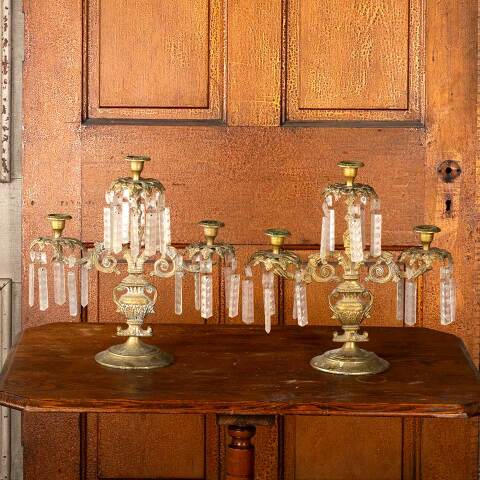 #53795 Antique Brass Candelabras with Glass Prisms image 2