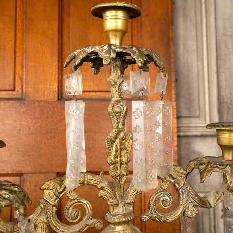 #53795 Antique Brass Candelabras with Glass Prisms image 5