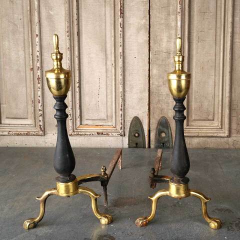 #53818 Pair of Vintage Brass & Cast Iron Andirons image 7