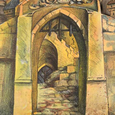 #53996 Antique Painted Castle Scene Stage Prop image 6